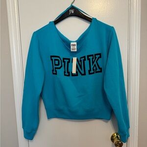 PINK Victoiras Secret Womens Sweatshirt Medium Blue Long Sleeve Boat Neck New